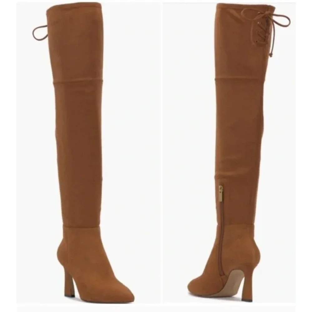 Vince Camuto Over The Knee Lace Up‎ Boots 5.5 WIDE CALF Womens Brown Pointed Toe
